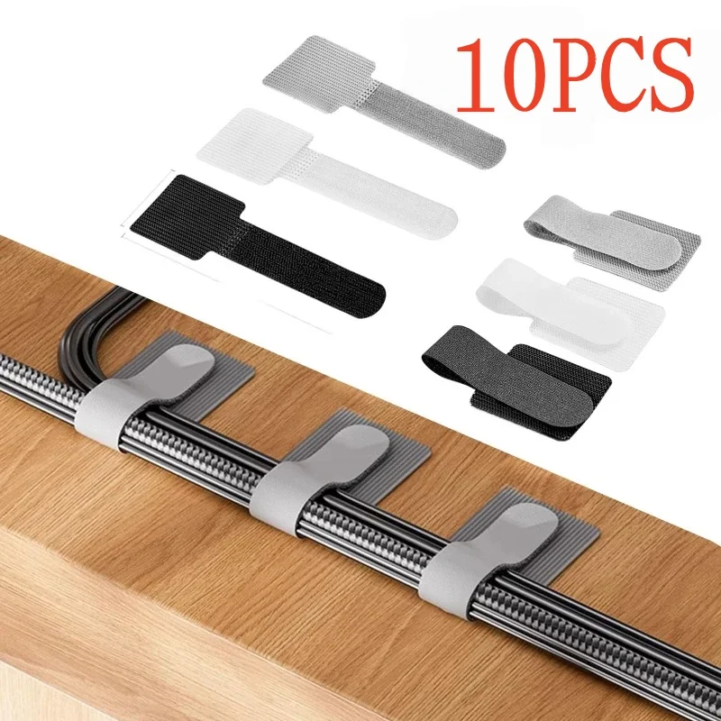 10pcs Self Adhesive Reusable Hook and Loop Cable Ties - Adjustable Cord Organizer Straps for Desk, Home & Office Cable Managemen