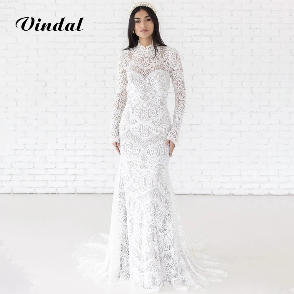 Vindal Boho Lace Wedding Dress Backless High Neck Long Sleeve Bridal Gown Vestido de Novia Bohemio Sirena Brautkleid