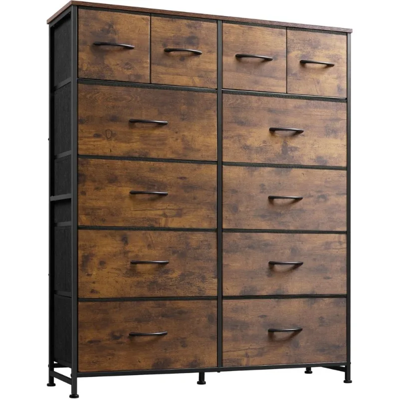 

Tall 12-Drawer Dresser for Bedroom with Wood Top and Steel Frame Rustic Brown Storage Organizer