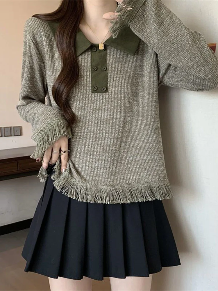 Tassel V-neck Fashion Knitted Sweater Women's Casual Bottomed Loose Jumpers Korean Lapel Soft Patchwork Knitwear Pullovers