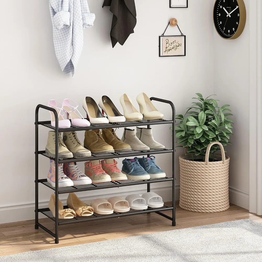 

4-Tier Stackable Shoe Rack, Expandable & Adjustable Shoe Organizer Storage Shelf, Wire Grid, Black