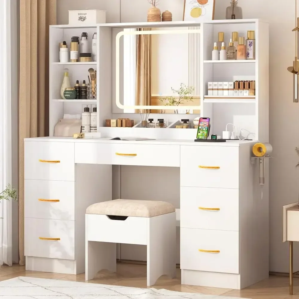 47 Inch Large Vanity Desk with 7 Drawers, Cushion Stool, Outlet, 6 Shelves, White Makeup Table Set with 3 Lights for Bedroom or