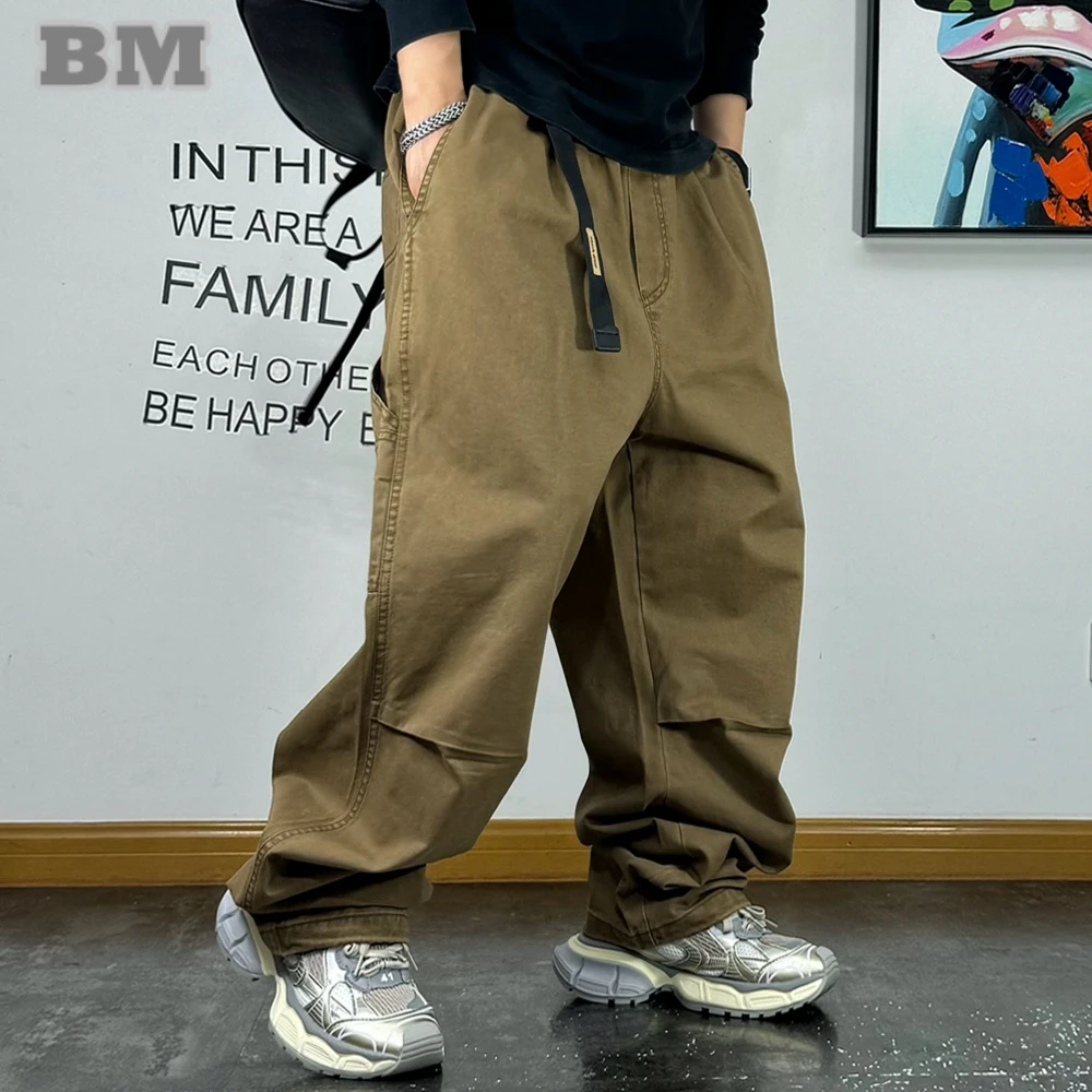 American Streetwear Loose Straight Leg Casual Pants Men High Quality Khaki Cargo Pants Harajuku Fashion Baggy Trousers Male