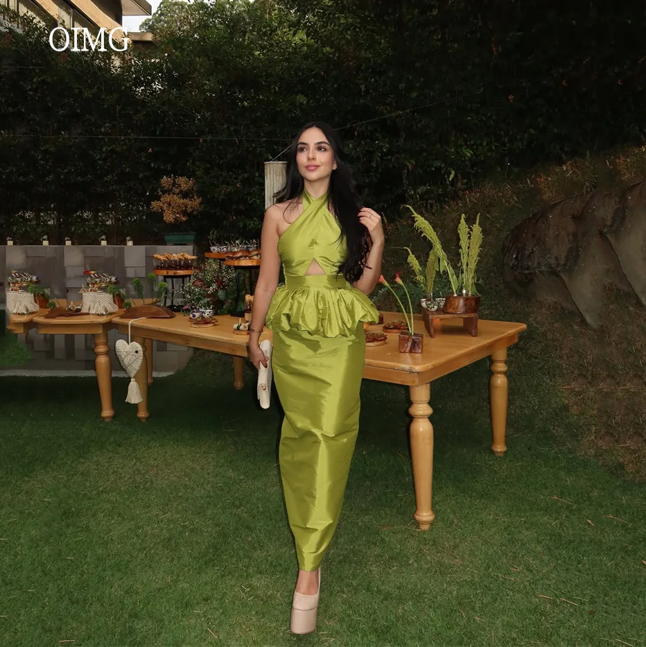 OIMG Modern Olive Green Halter Mermaid Prom Gowns Sleeveless Party Gown Ankle Length Evening Dress فساتين سهرة Customized