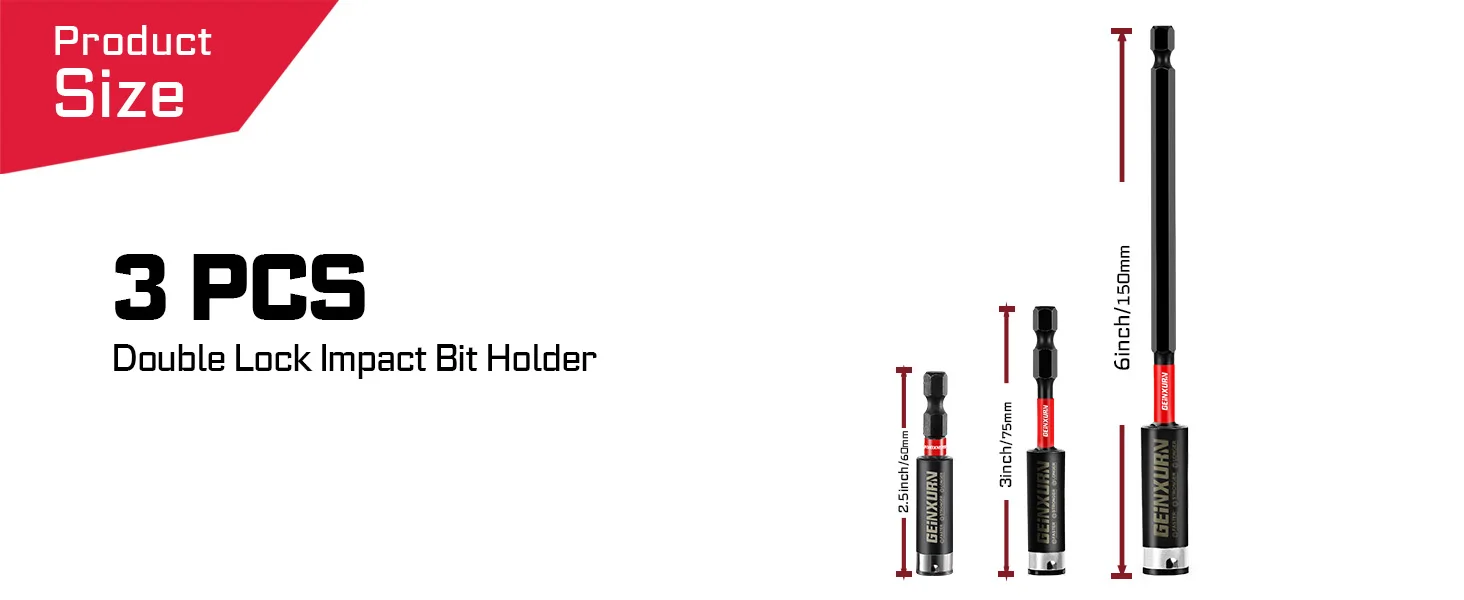 Geinxurn 3-teiliges Schlagbohrer-Bit-Set (2,4"/3"/6"), 1/4" Sechskant, S2-Legierungsstahl, magnetischer Schnellwechsel-Verlängerungshalter für DIY – Detail 2