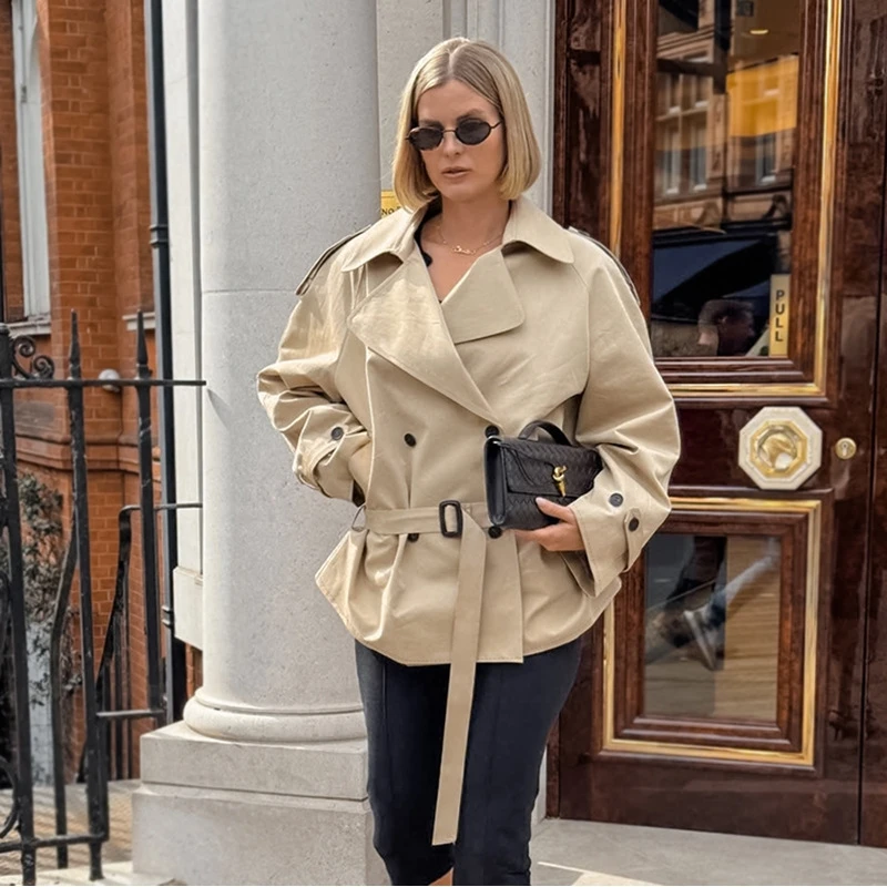 

Высококачественный осенний плащ средней длины с длинными рукавами и лацканами на талии для похудения, осень 2023 г.