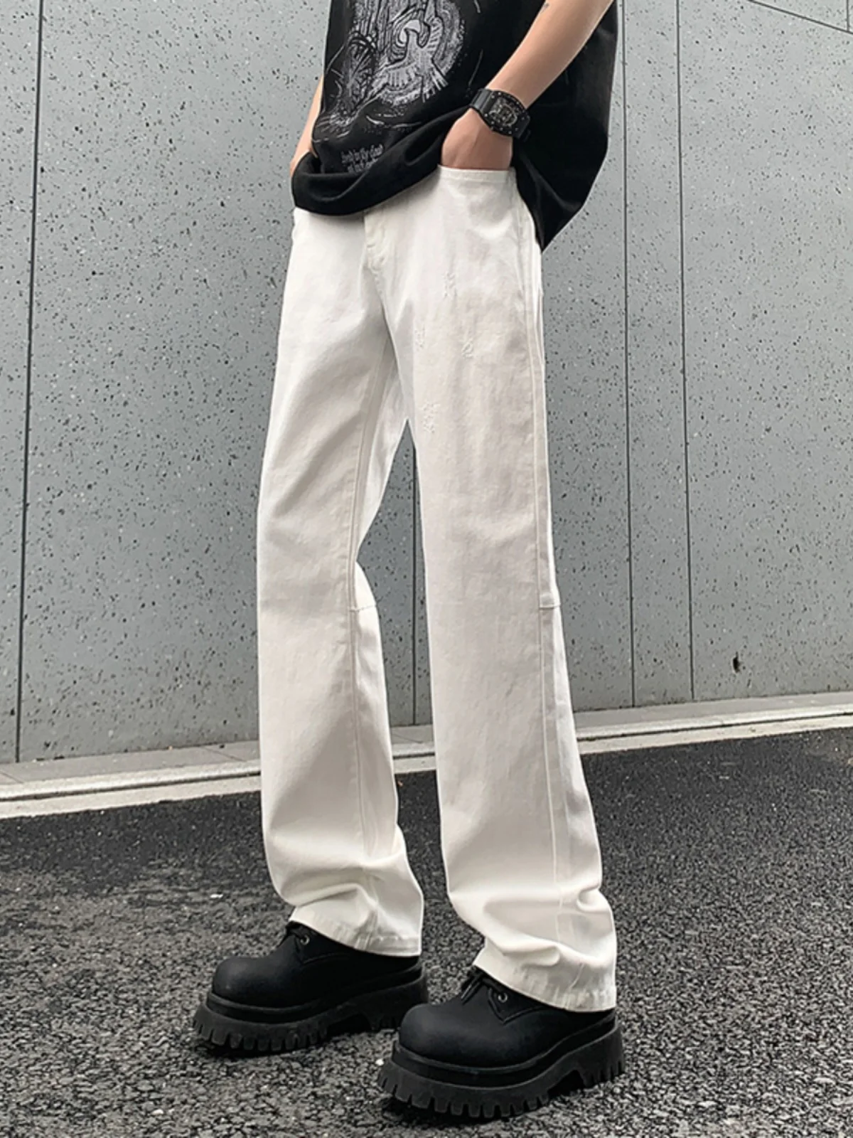 

White Ripped Jeans Men's Street Sle Trendy Brand Slim Fit Long Pants High Waist Straight Leg Jeans Youthful Faion