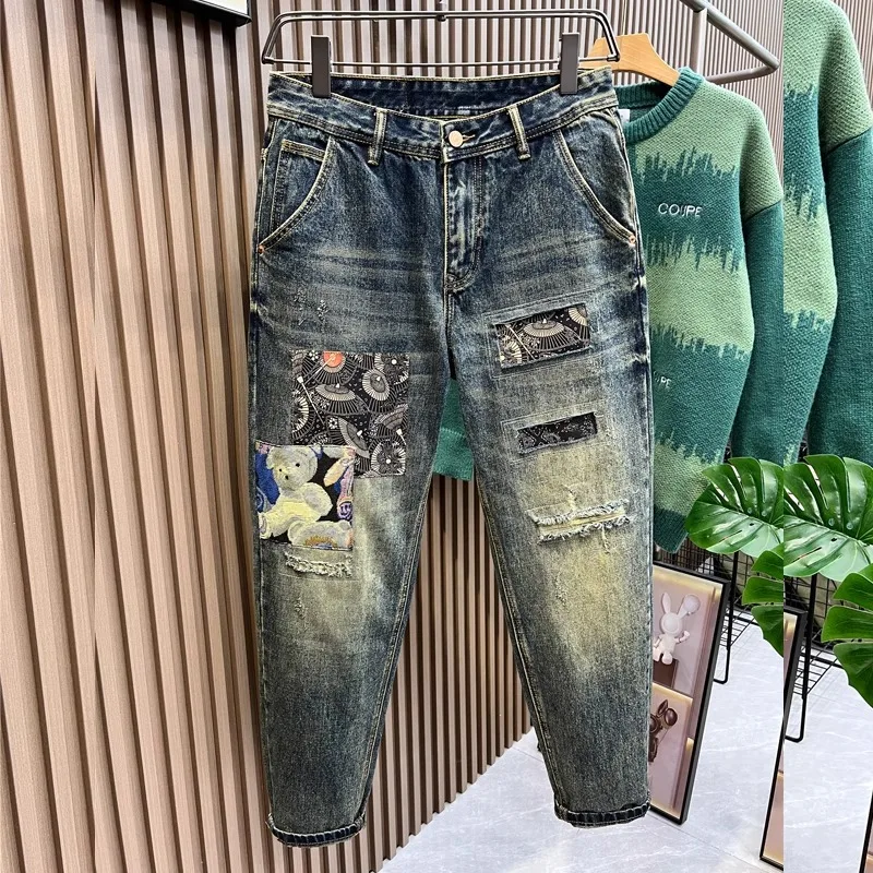 

High Street Ретро Весна и осень Новый стиль Синие джинсы с рваными дырками Мужские свободные брюки-шаровары с прямыми штанинами Ностальгические брюки с нашивками