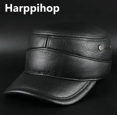 Harppihop Men's genuine leather baseball cap brand new winter warm real cow leather caps hats