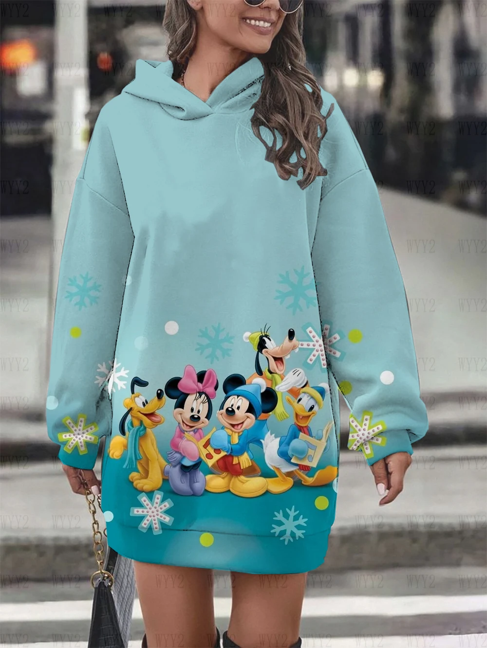 Disney-Pulôver estampado de Mickey Mouse feminino, moletom com capuz, moda casual, coleção para Natal