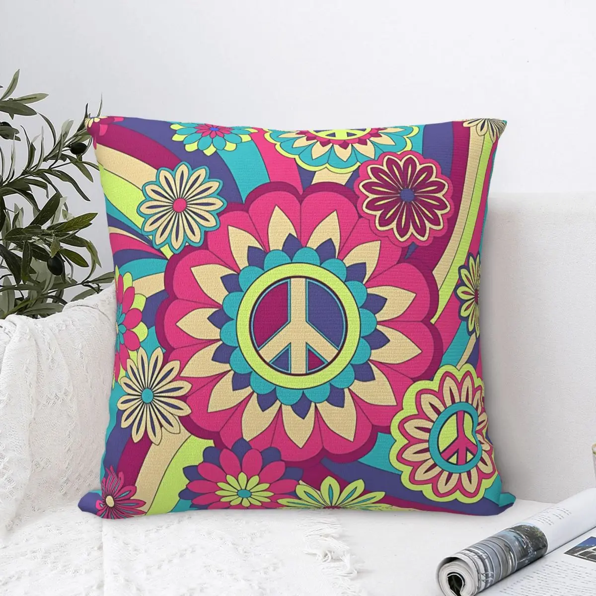 Peace Foral Love Pattern Square Pillowcases Polyester Room Cushion Case Cool Decorative Throw Pillow Case 40*40