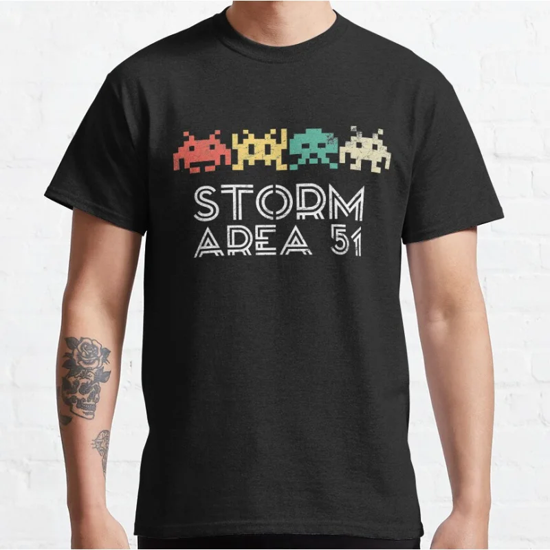 

Storm Area 51 vintage style 80s Arcade Games Space Invader 8 bit fun pixel aliens old school T-shirt large size Tops