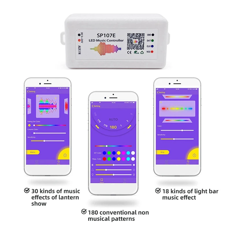 LED Strip Light Controller SP107E Music Controller for WS2812B WS2811 LED Strip Lights DC5-24V Pixel Control-ELEC