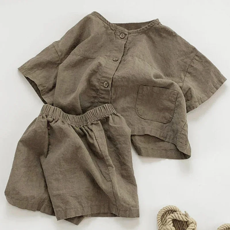 Children's Retro Cotton Linen Suit 2026 Summer New Korean Kids Casual Loose Shirt + Shorts Boys And Girls 2 Pcs Sets WT045
