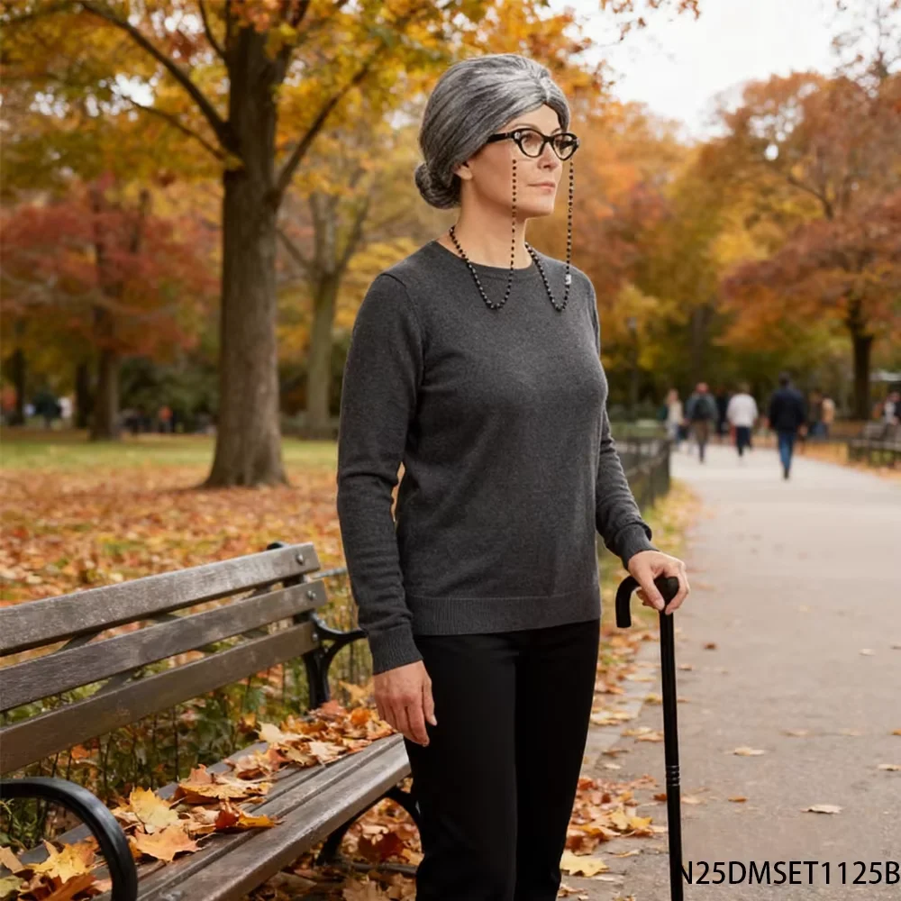 PESENAR – Kit de Costume de vieille dame, perruque Updo grise, lunettes, chaîne de lunettes, filet à cheveux, canne, accessoires de Cosplay amusants
