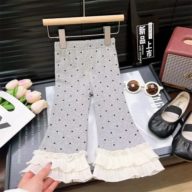 2026 New Girls Spring Summer Autumn Korean Version Casual Childrens Pants with Polka Dot Lace Micro Flared Pants