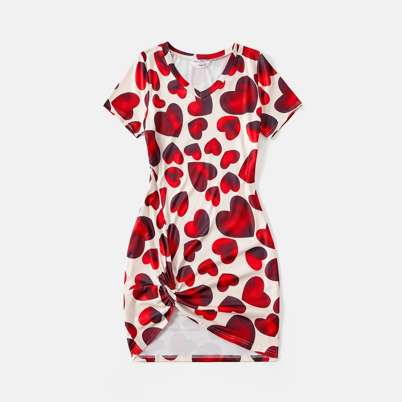 PatPat Valentine\'s Day Family Matching Allover Red Heart Print Twist Knot Bodycon Dresses and Short-sleeve T-shirts Sets