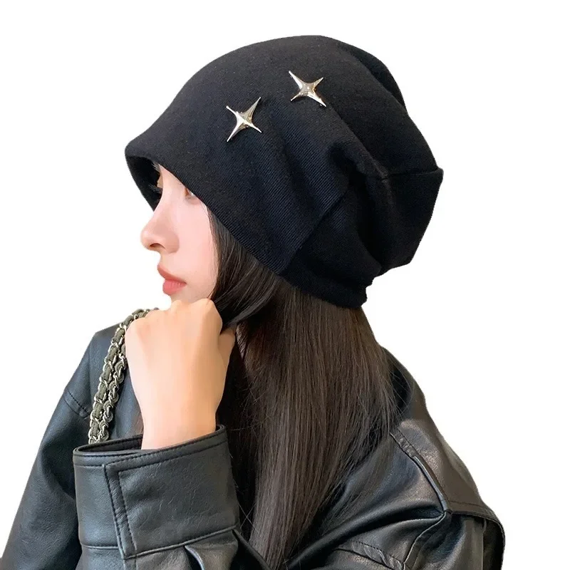 2025 Women's Autumn/Winter Beanie with Large Crown and Alloy Star Accents Women's Pull-Over Beanie, Knitted Hat, Puffy Beanie 09