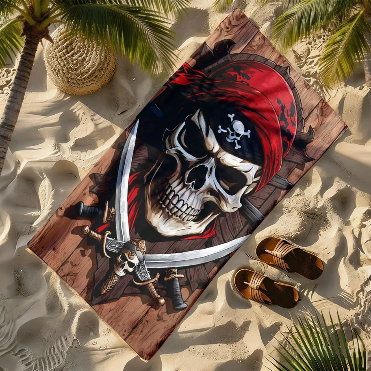 Pirate Skull Badge Theme polyester microfiber beach towel is highly absorbent, suitable for swimming and beach outings