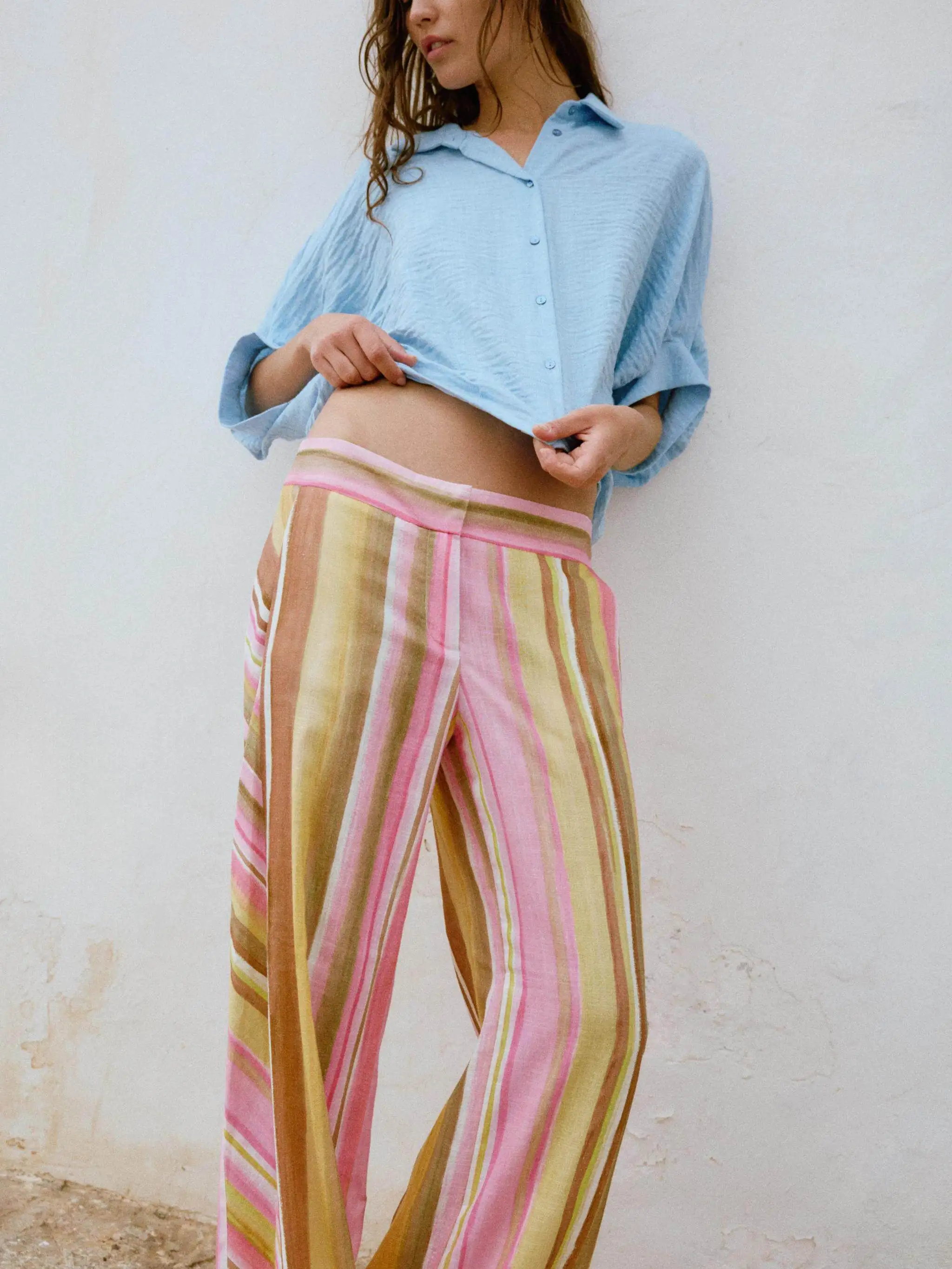 Elegant High Waist Striped Print Casual Wide Leg Pants New Arrival Women's Fashion Spring Season Long Trousers