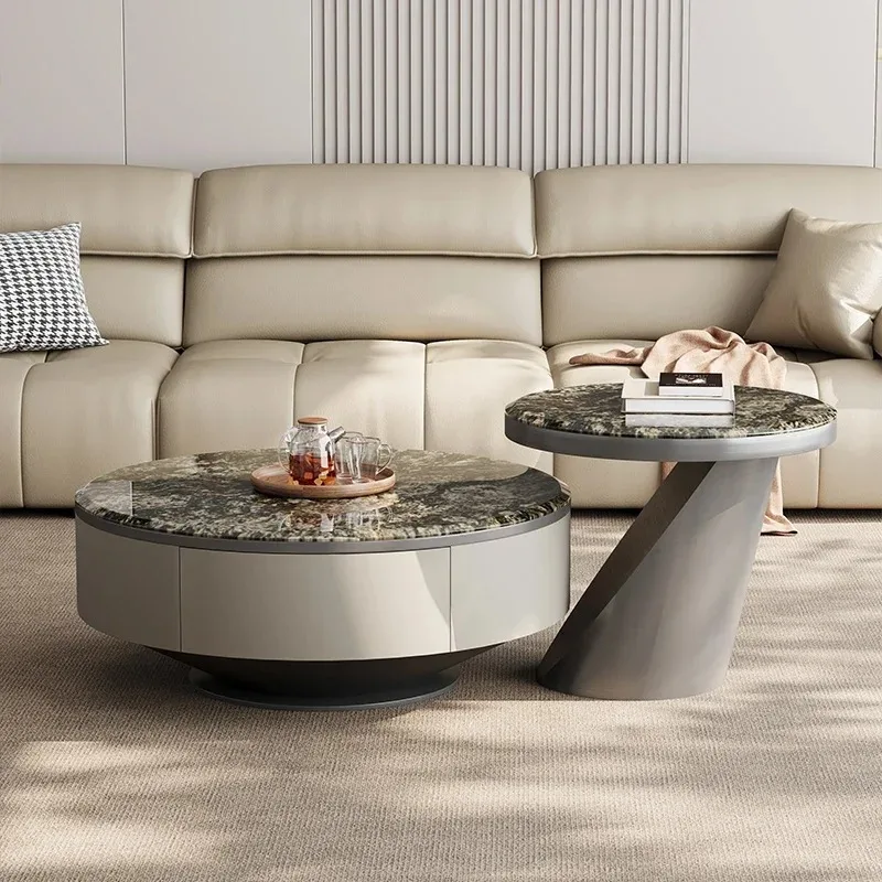 【Hot】Italian light natural marble coffee table living room household small apartment modern simple size round combination
