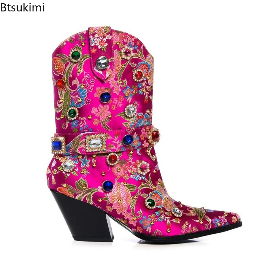 Women's Brand Woven Brocade Embroidery Rhinestone Rivet Short Boots Fashion Show Pointed Slope Heel Chelsea Boots Female Size 43