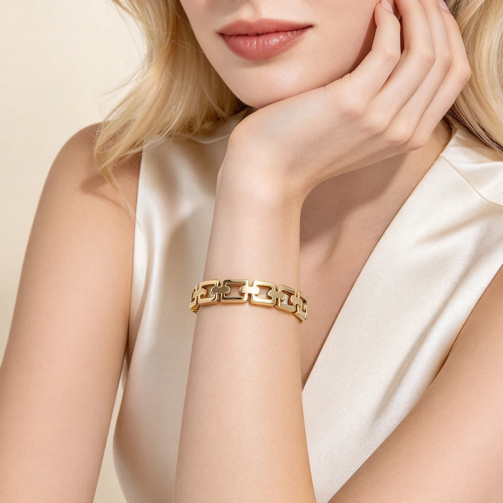 Fashion Gold Color Stainless Steel Cuff Bangle for Women Chic Geometric Hollow Square Wide Bracelets Waterproof Jewelry