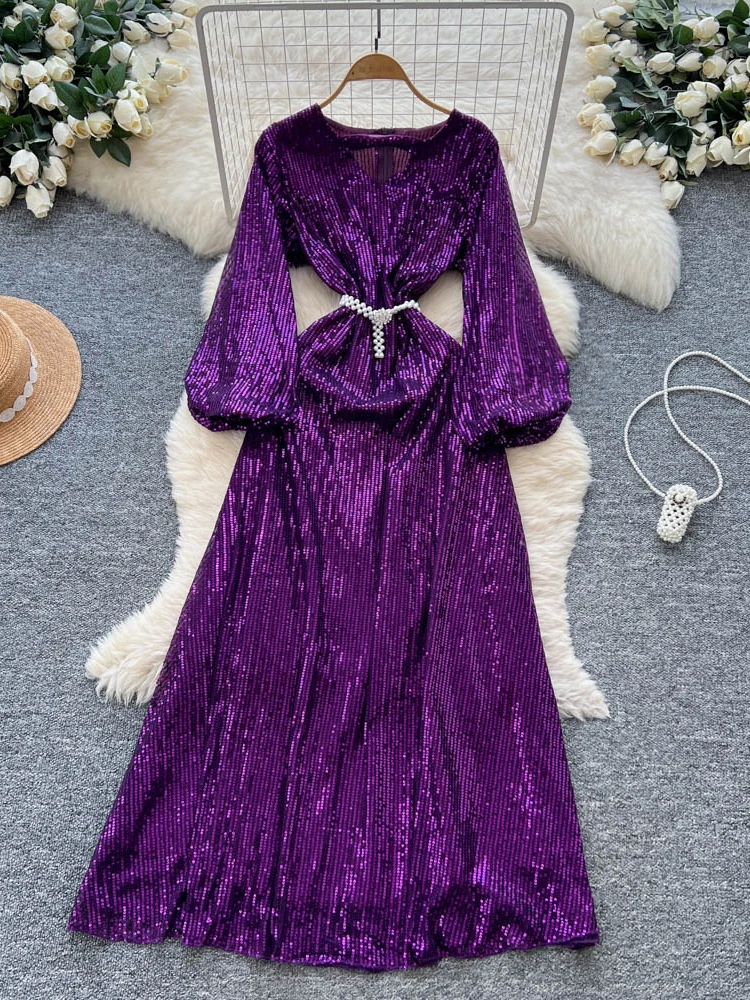 فستان أنيق بتصميم مجوف وأكمام فانوس مع حزام ربط عند الخصر، فستان نسائي طويل الأكمام بخصر مرتفع وتصميم A-line للصيف