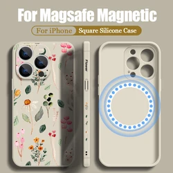 Magnetic For Magsafe Flower Case For iPhone 15 Pro Max 11 12 13 14 Pro Max 16 16E Luxury Built-in Metal Plate Soft Cover Coque