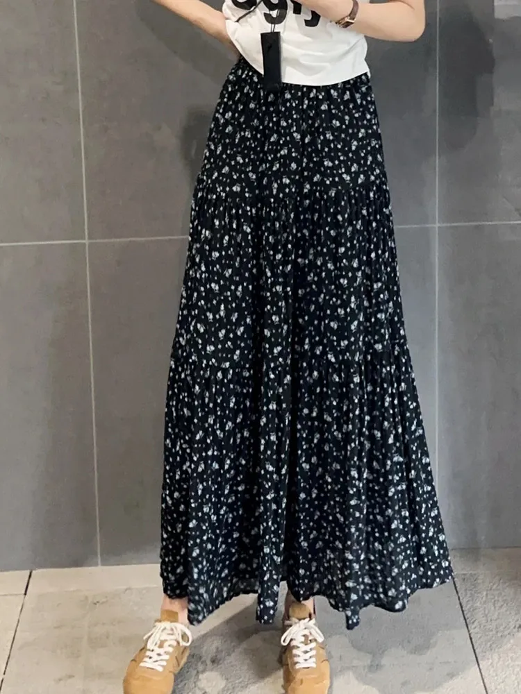 Summer 2026 Casual Black A-Line Skirt Women's High Waist Loose Fit Thin Material Long Skirt Breathable Comfortable Cotton Blend