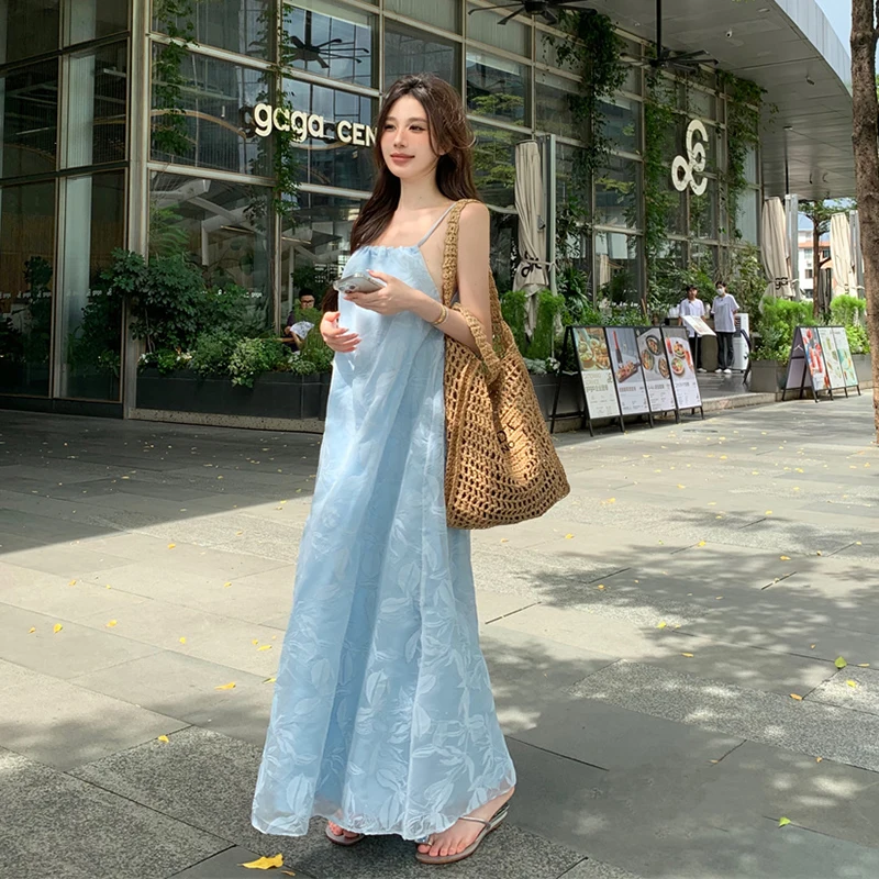 

Jacquard O-Neck Simple Fairy Beach Dress Elegant Women Summer Vacation Blue Lolita Dresses Long Grunge Party Robe 2024 New