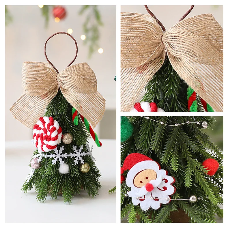 Mini Christmas Tree Hanging Ornament Decoration with Bow Santa Snowflake Design Christmas Tree Decor Holder for Home Party Gift