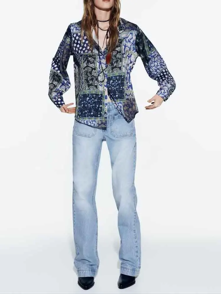 

European style new women's fashion versatile temperament patchwork print satin texture lapel shirt