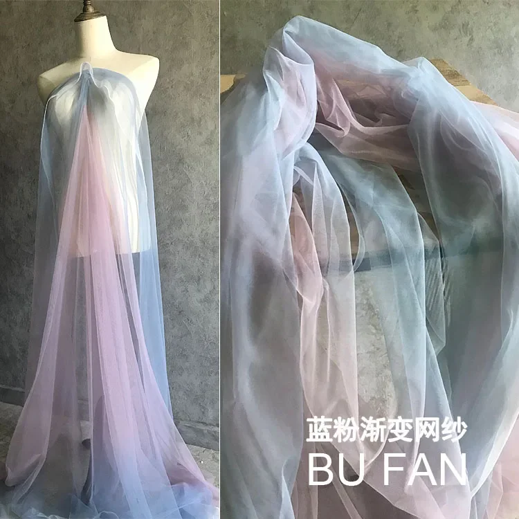 Blue and Pink Gradient Mesh Fabric Soft Mesh Wedding Dress Transparent Mesh Creative Clothing Designer Fabrics