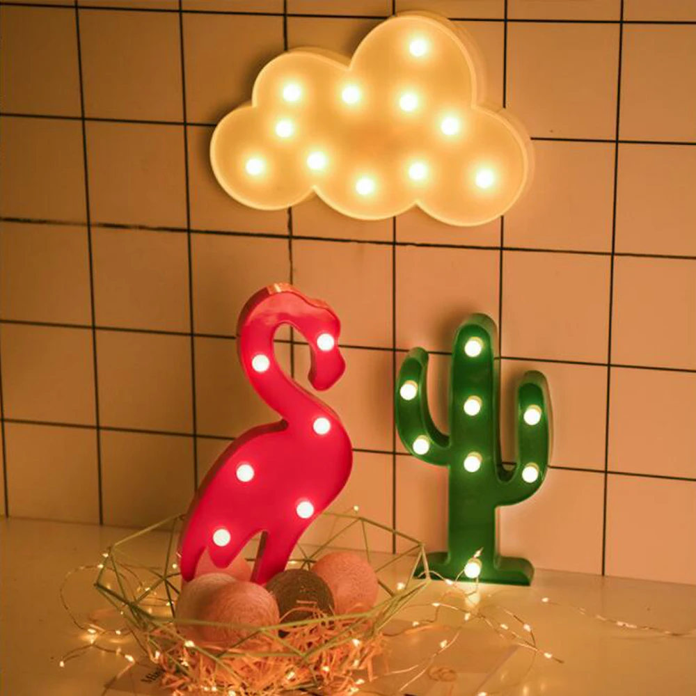 Decorative Night Light Cactus Flamingo Lamps Kids Room Bedroom Desk Lamp AA Battery Powered for Wall Decor Festive Lights Gift