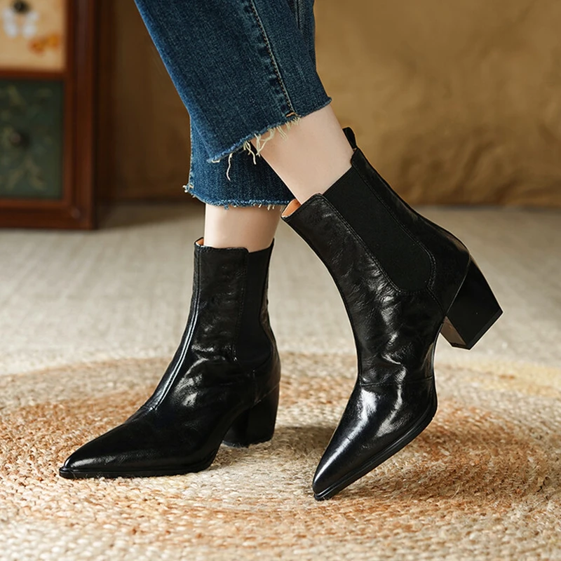 

НОВЫЕ осенние женские ботинки, женская обувь из натуральной кожи, туфли с острым носком на массивном каблуке, ботинки в стиле вестерн без шнуровки, лаконичная повседневная обувь