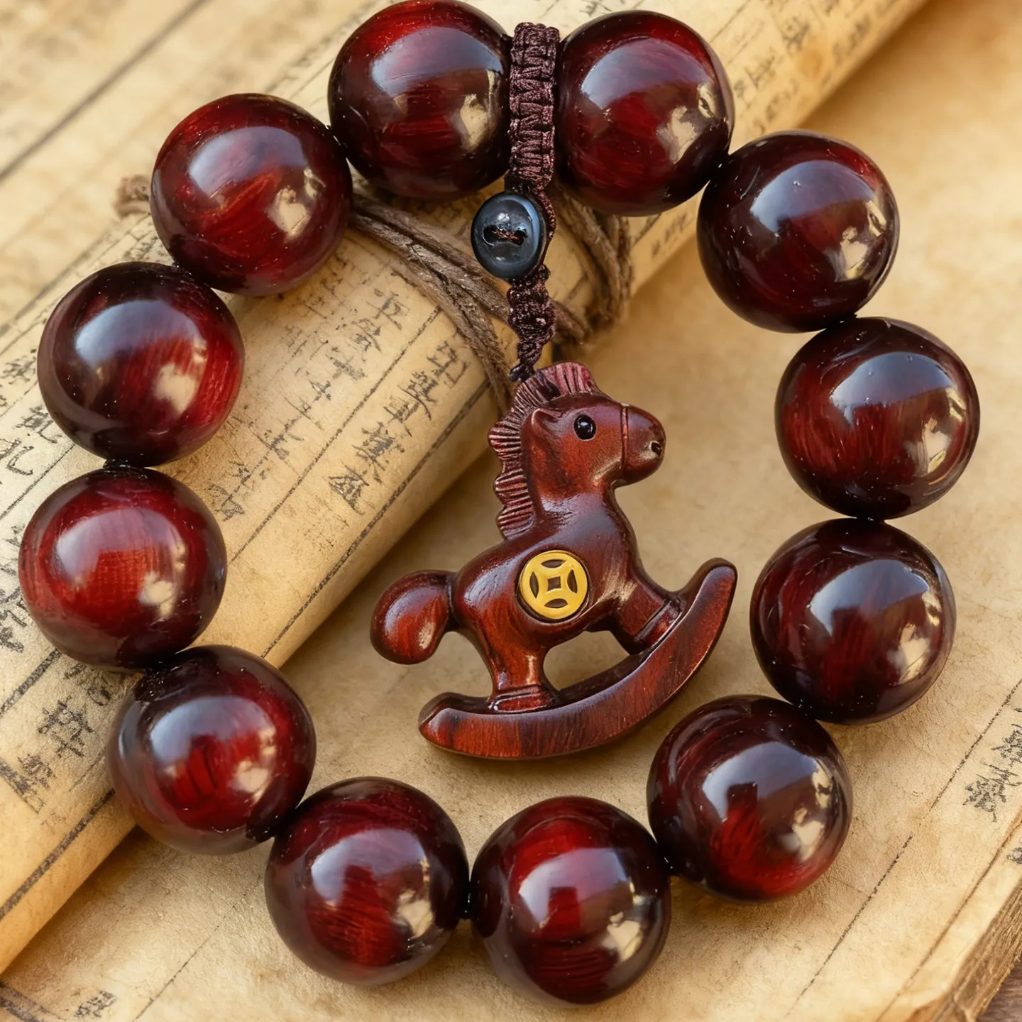 

Браслет из красного палисандра «Год Лошади 2026» с подвеской «Качающаяся лошадка» (DIY), коллекционные изделия из палисандра, подарки