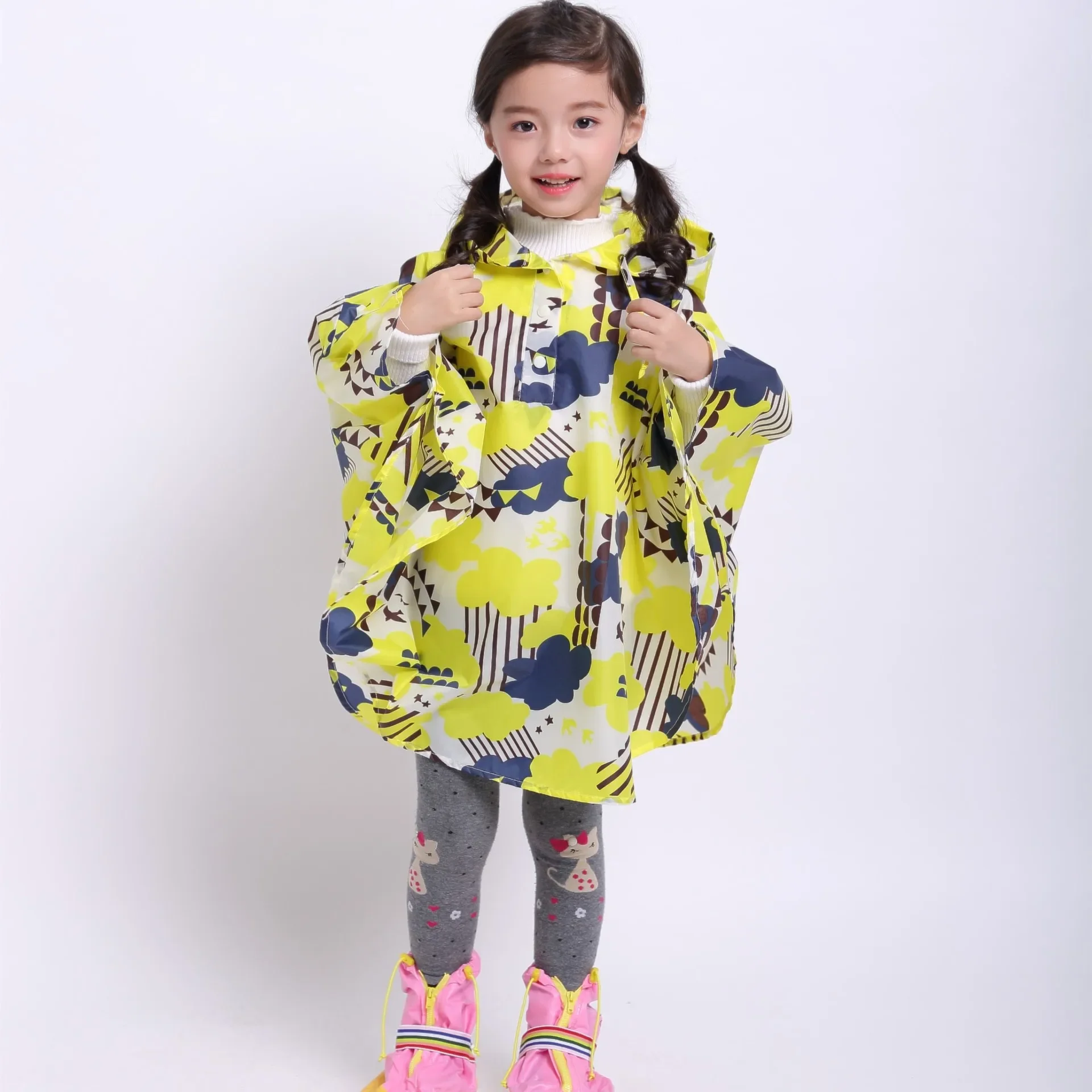 Hot Sale Children Raincoat Polyester Cute Baby Outdoor Rain Coat Waterproof Jumpsuits Poncho Big Hat Student Rainwear