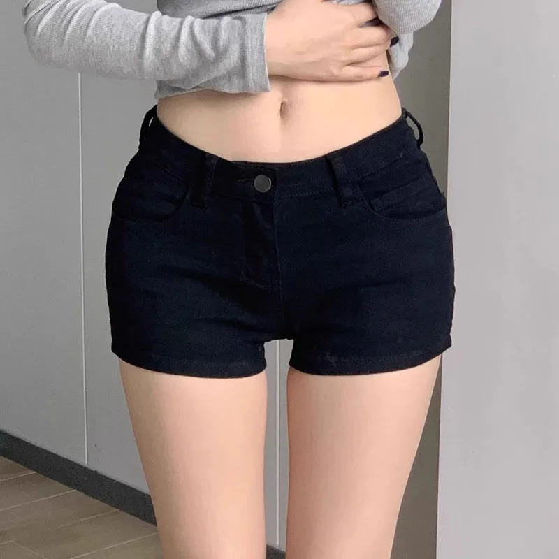 

Black White Denim Shorts Female Solid Color Simple Tight Elastic Ultrashort Jeans Female Streetwear Sexy Package Hip Shorts