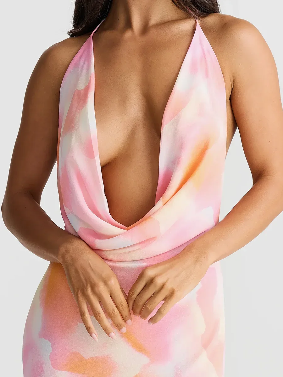 Robe Longue Imprimée à Col en V Profond pour Femme, Élégante, Haut de Gamme, Coupe Cintrée, Dos aux, Nouveau Modèle, Été 2024