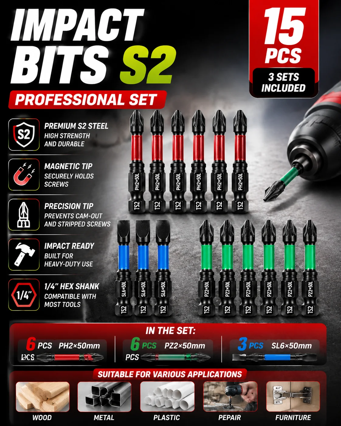 S2 Steel Phillips Screwdriver Bit Set Magnetic Cross Head Power Drill Bits 1/4 Hex Impact Driver Accessories