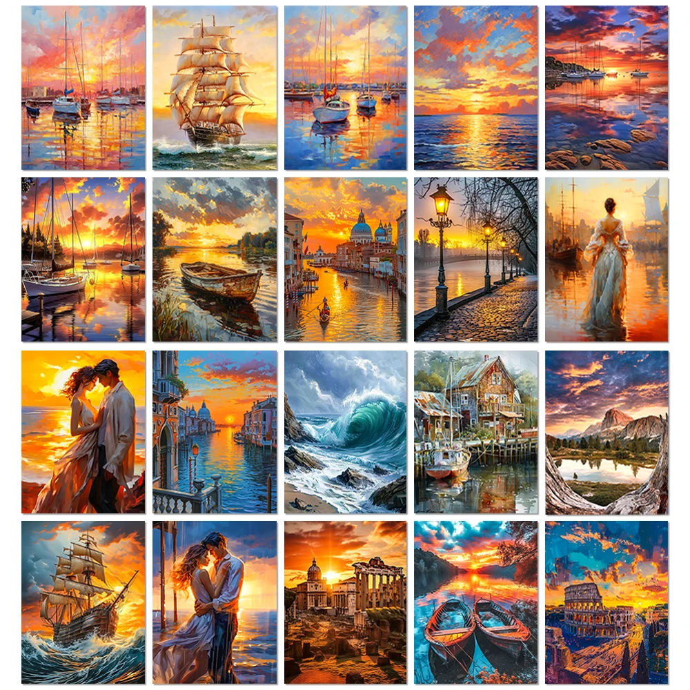 5d Diy Diamant Stickerei Sonnenuntergang Volle Runde Diamant Malerei Kits Segelboot Strand Landschaft Mosaik Strass Puzzle Dekoration