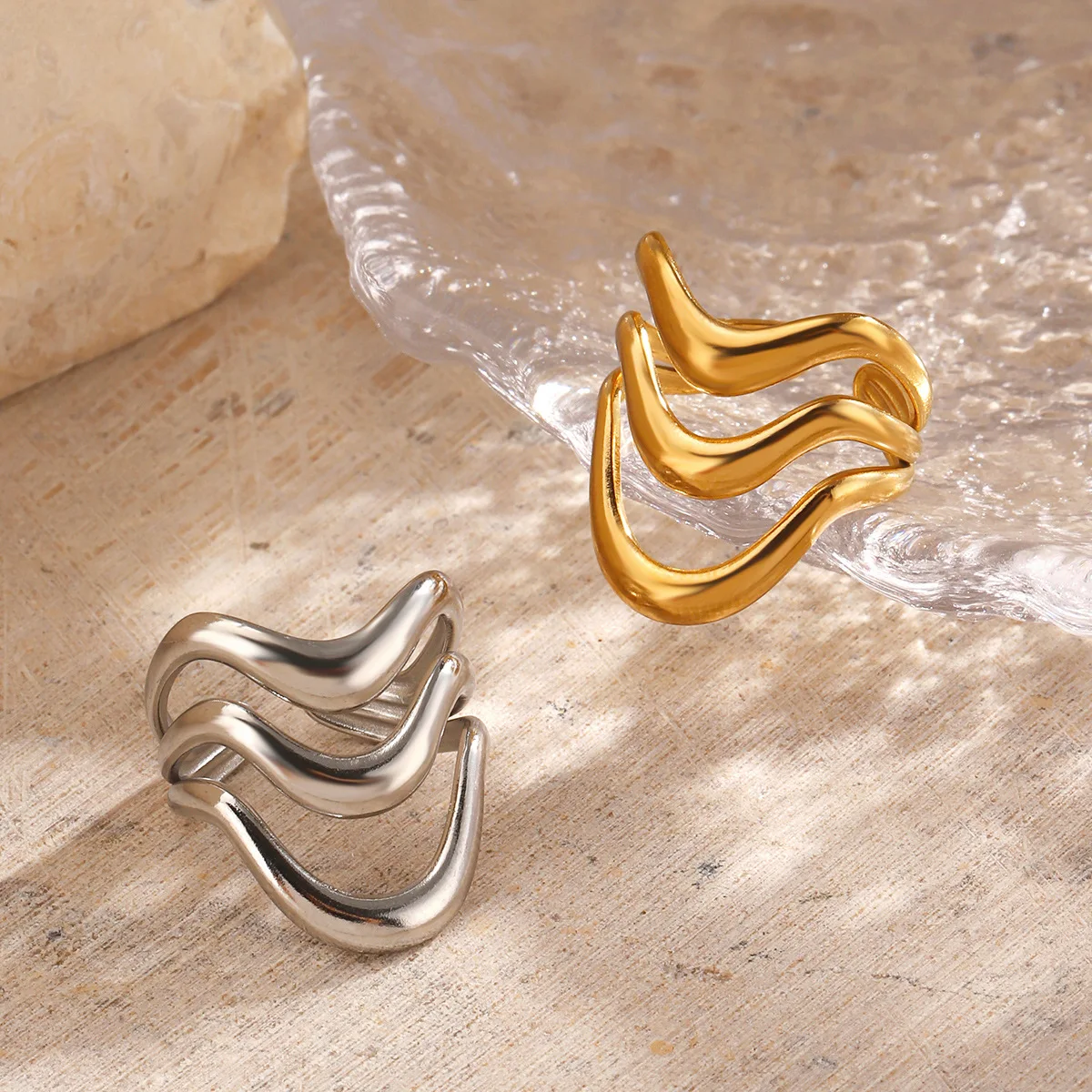 Trendy Ins Stainless Steel Sea Wave Ring Irregular Finger Ring Fashion Autumn and Winter Style Jewelry for Women Birthday Gift