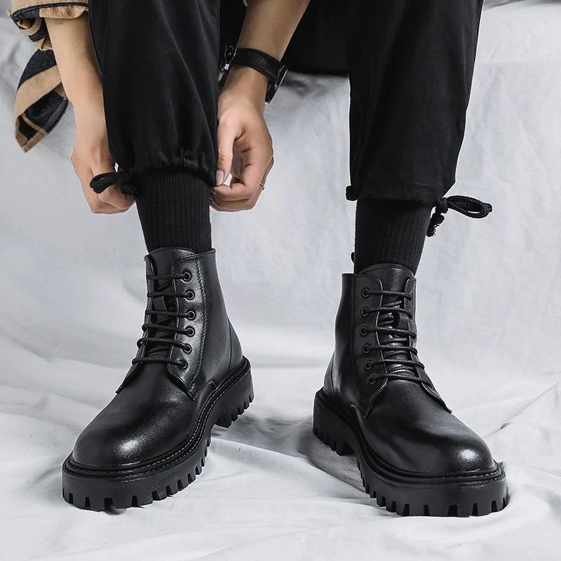 Men High Top Leather Boots Fashion British Style Retro Thick Sole Height Increasing Ankle Booties Spring Autumn Black Shoes