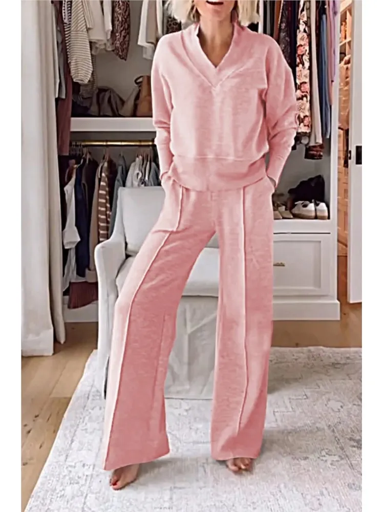 Fashion Solid Two Piece Set Women V Neck Simple Hoodie Top Casual Straight Leg Pants Sets Autumn Winter High Street Lady Suit