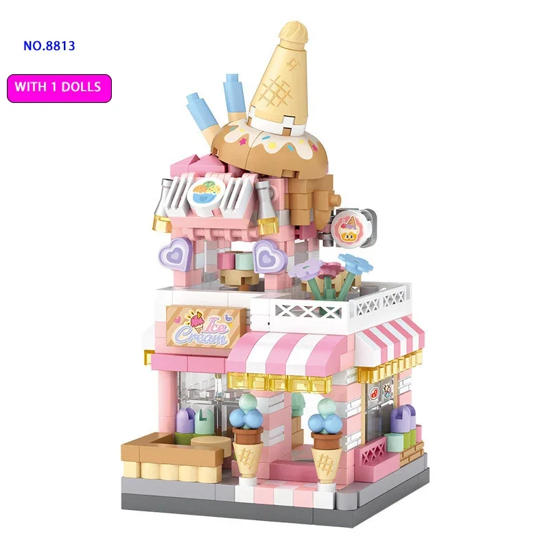 Mini City Landscape Ice Cream Building Blocks Cafe Tea House Cute Bear Children Kids Home Decoration Christmas Holiday Gift