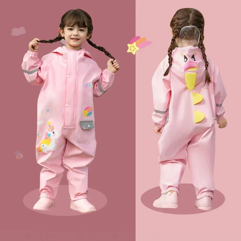 2025 Cartoon Hooded Baby Girls Rain Jumpsuit Outdoor Sport Boy Overalls Waterproof One Piece Children Pants Beach Kids Trousers