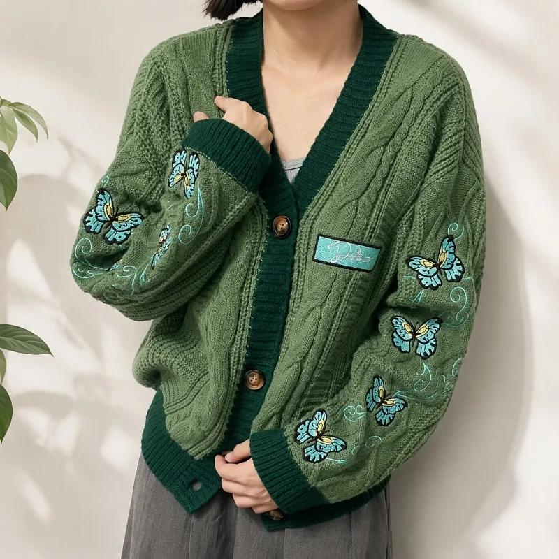 

Butterfly Knitted Cardigan Women Folklore Girl Dark Green Debut Sweaters Fashion Knitwear Tops Autumn Winter Casual Cardigans