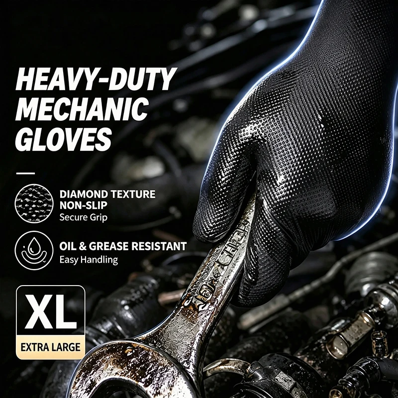 Thick Black/Orange Nitrile Gloves, Diamond Pattern Non-Slip and Oil-Resistant, Mechanical and Auto Repair Work Gloves