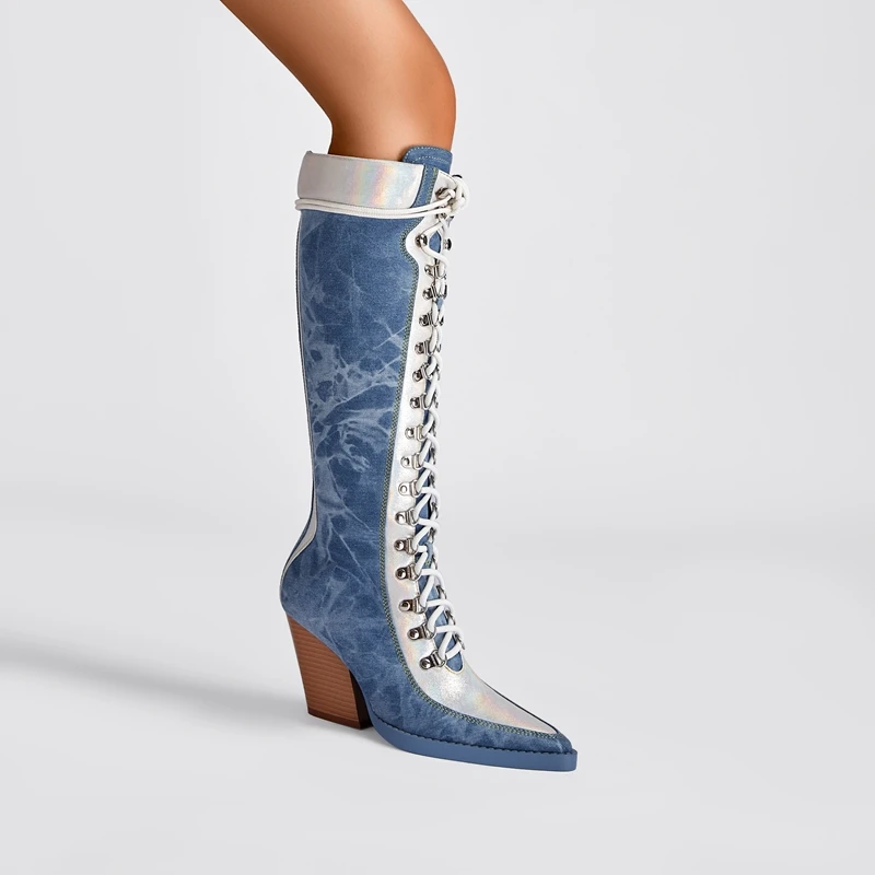 

Kaky's new pointed denim oversized women's boots, thick high heels, high boots, lace up Western boots